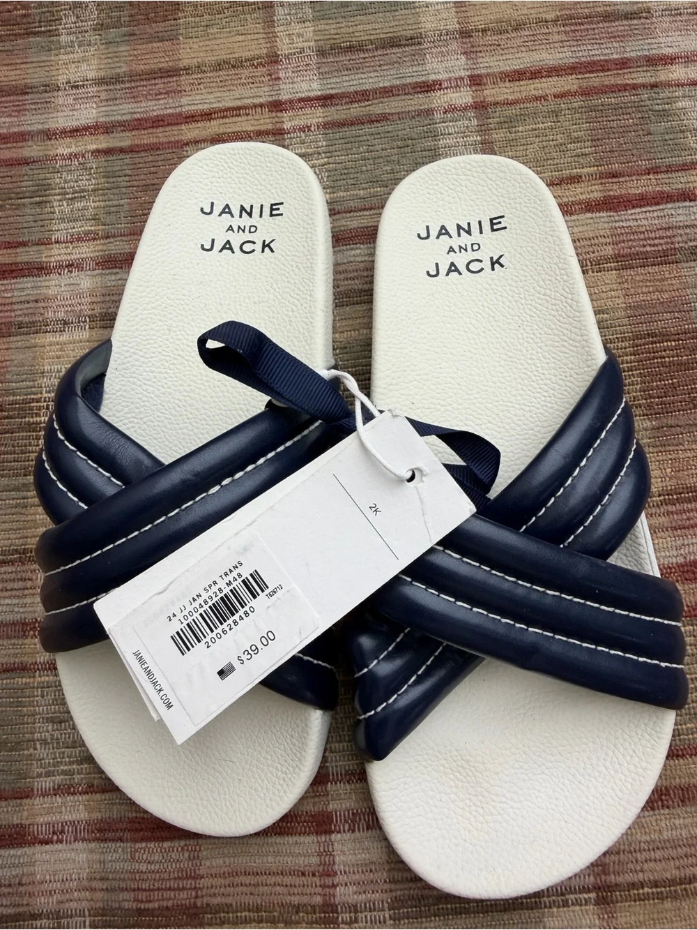 Janie and Jack Navy and White Padded Cross-Strap Slides